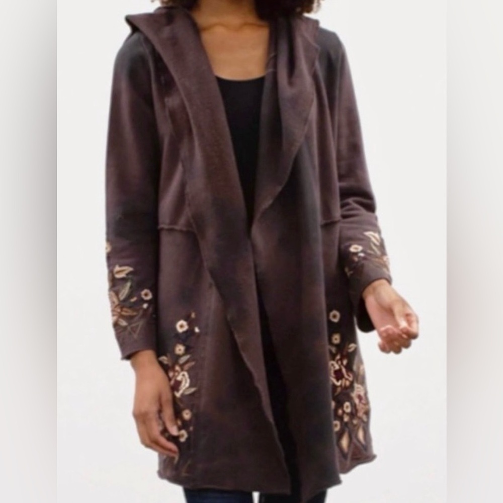 Caite Embroidered Hooded Cardigan Jacket Boho Floral Open Front Duster Cozy XL